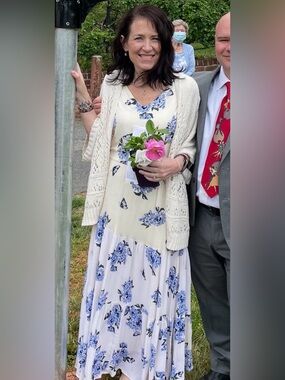 L.O.V. Cream and Blue and cream Floral maxi flowy soft Dress size S silky lined